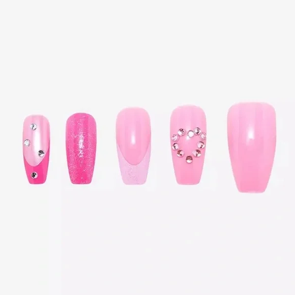 SWEET SOCIETY Pink Rhinestone Jeweled Coffin Shaped Press On Nails Manicure Set - Picture 5 of 5